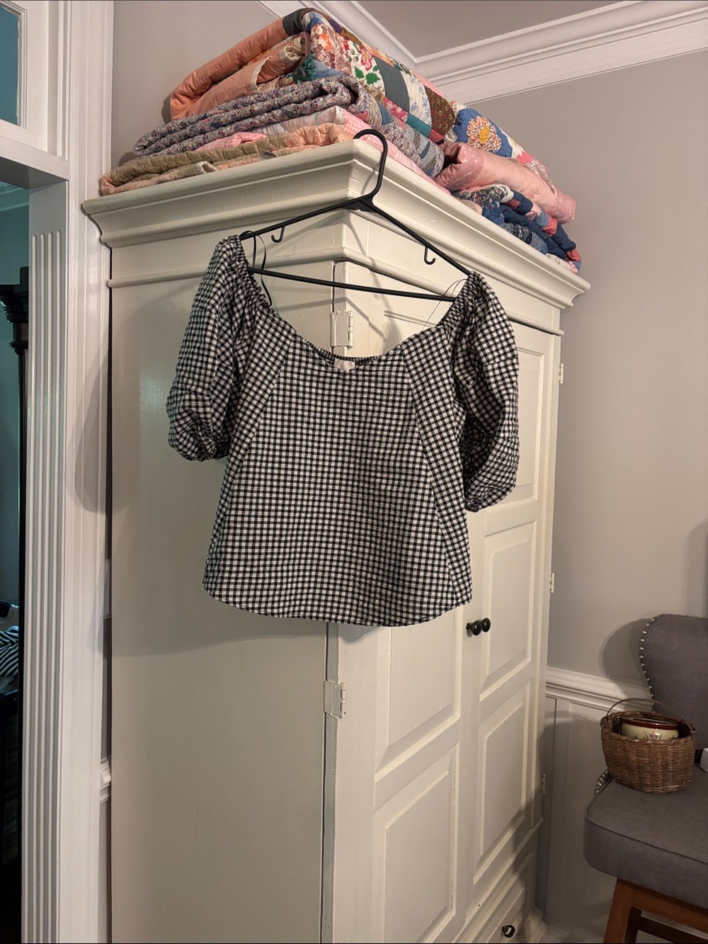 Maeve Black & White Gingham Puff-Sleeve Top